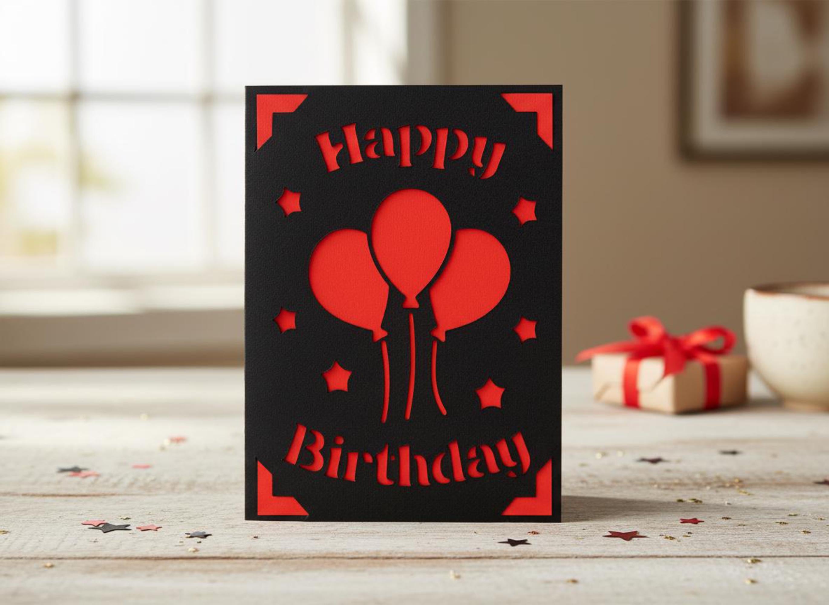 Geburtstagskarte mit Ballons | Handgemacht | Schwarzer Karton | Ausgestanztes Design | Einlegekarte in Wunschfarbe | A6