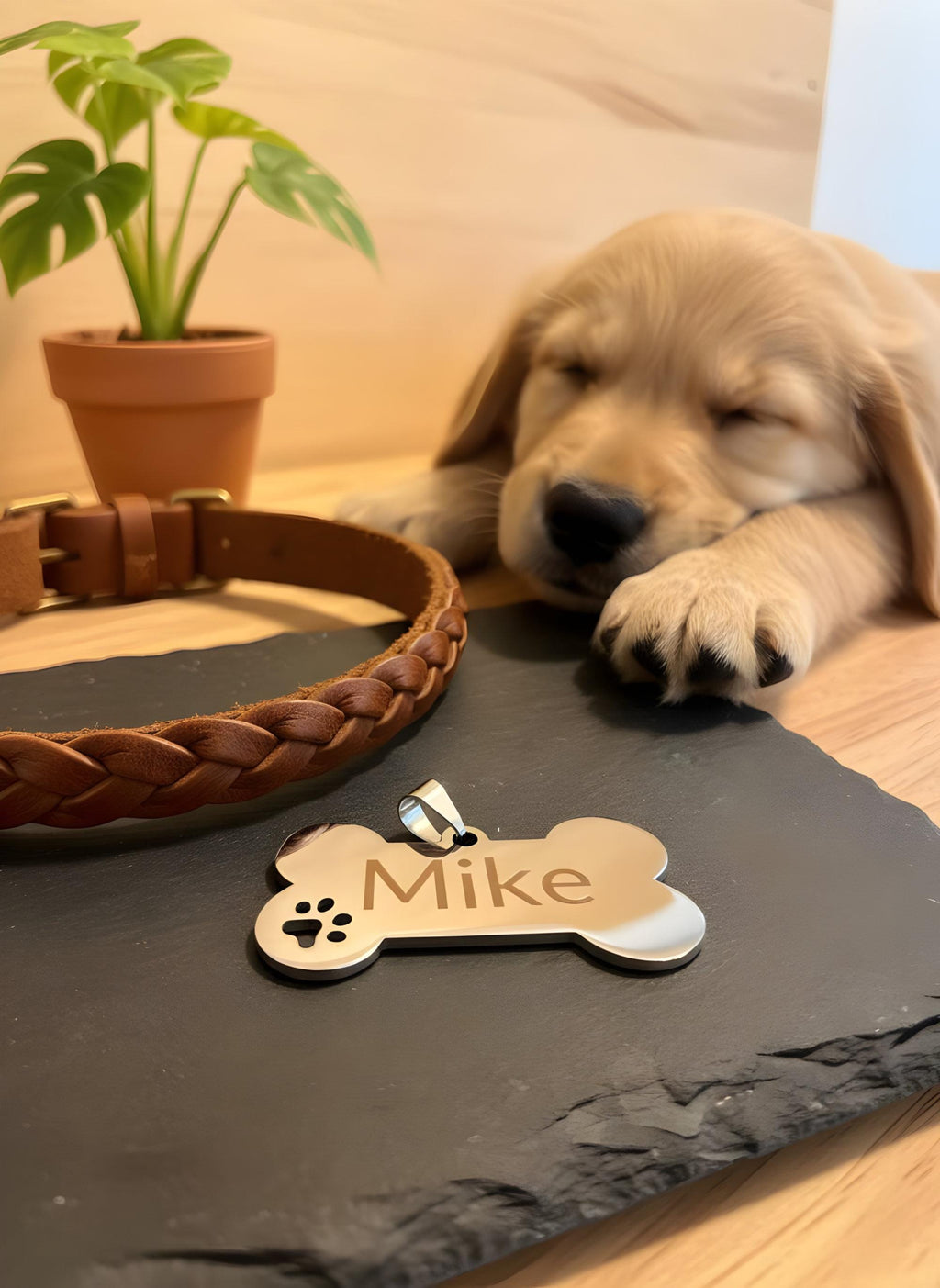 Personalisierte Hundemarke aus Edelstahl in Silber mit Gravur – Knochen Anhänger Pfote - für Hunde, glänzend