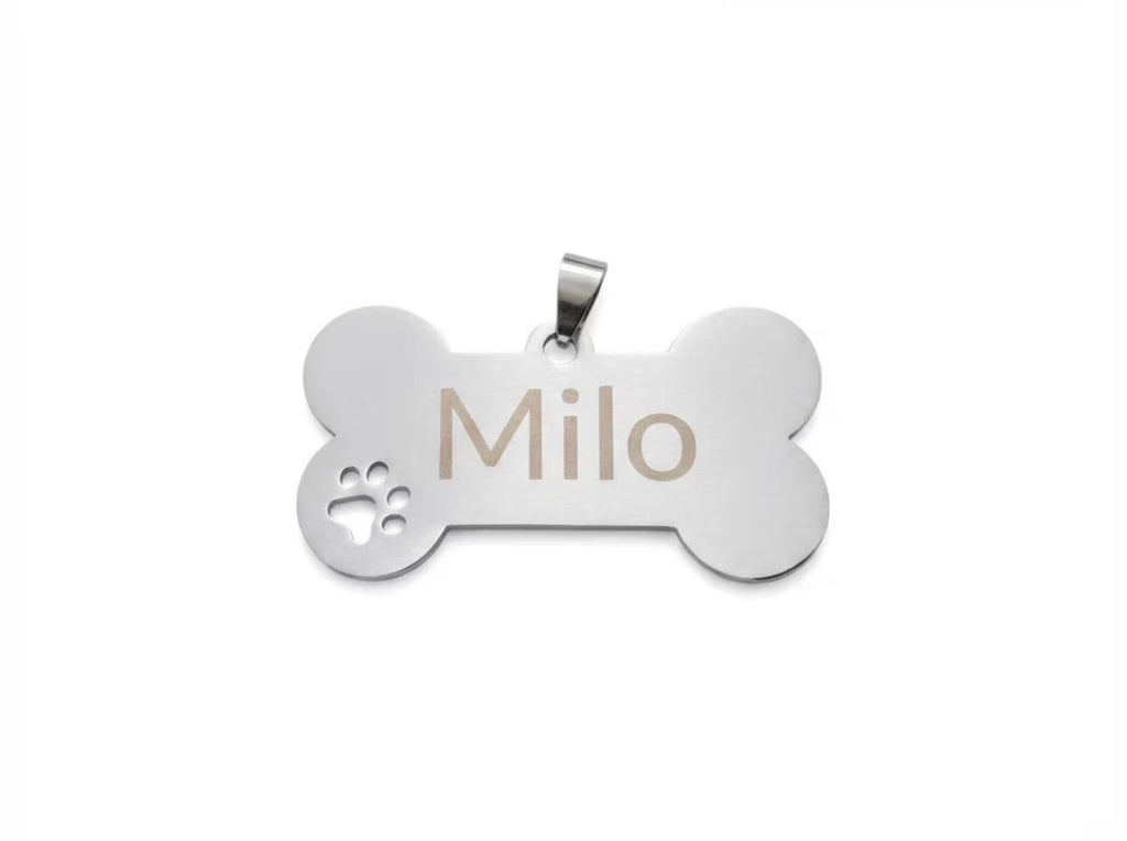 Personalisierte Hundemarke aus Edelstahl in Silber mit Gravur – Knochen Anhänger Pfote - für Hunde, glänzend