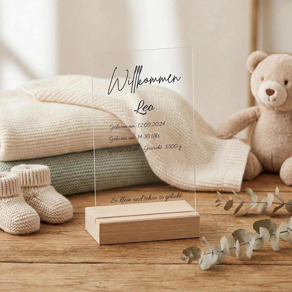 Personalisierte Acryl Tafel Geburt mit Holzsockel - Baby Daten Schild, Geschenk zur Babyshower, Kinderzimmer Deko