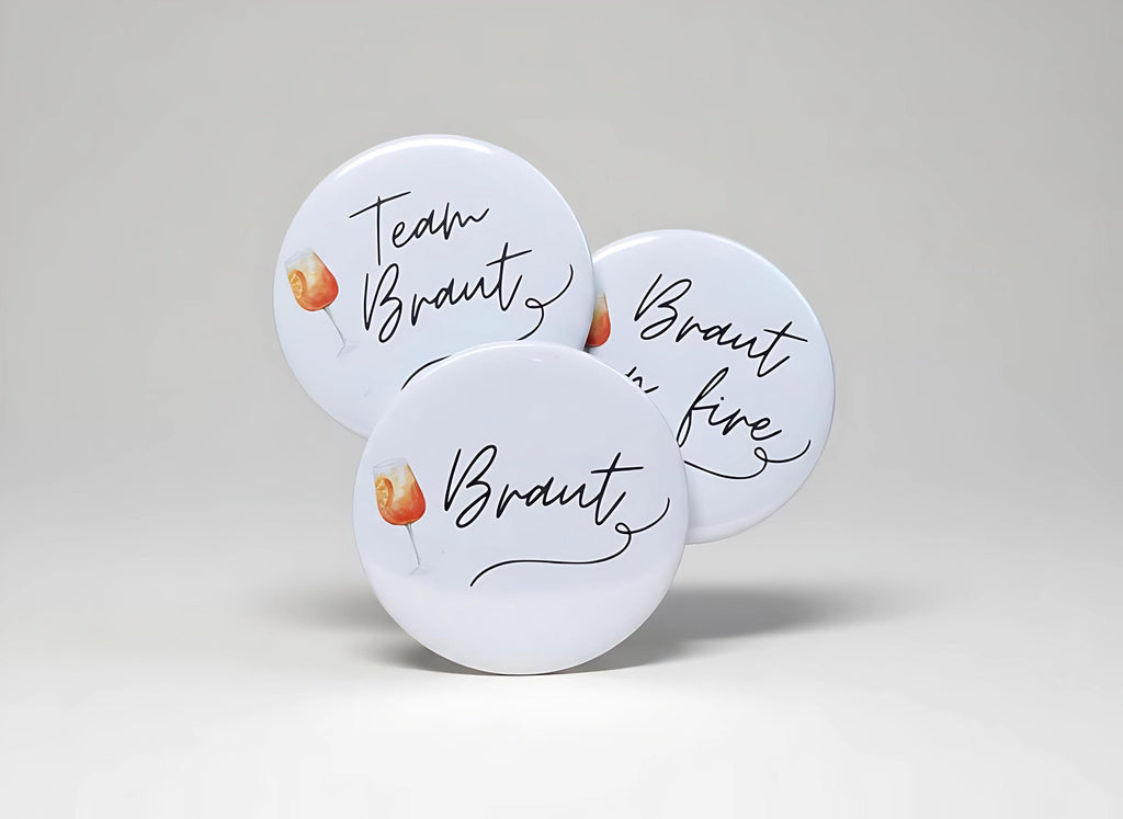 Anstecker JGA für Junggesellinenabschied, Hochzeit, Braut, Team, Espresso Martini / Aperol, 6 cm Durchmesser, Set