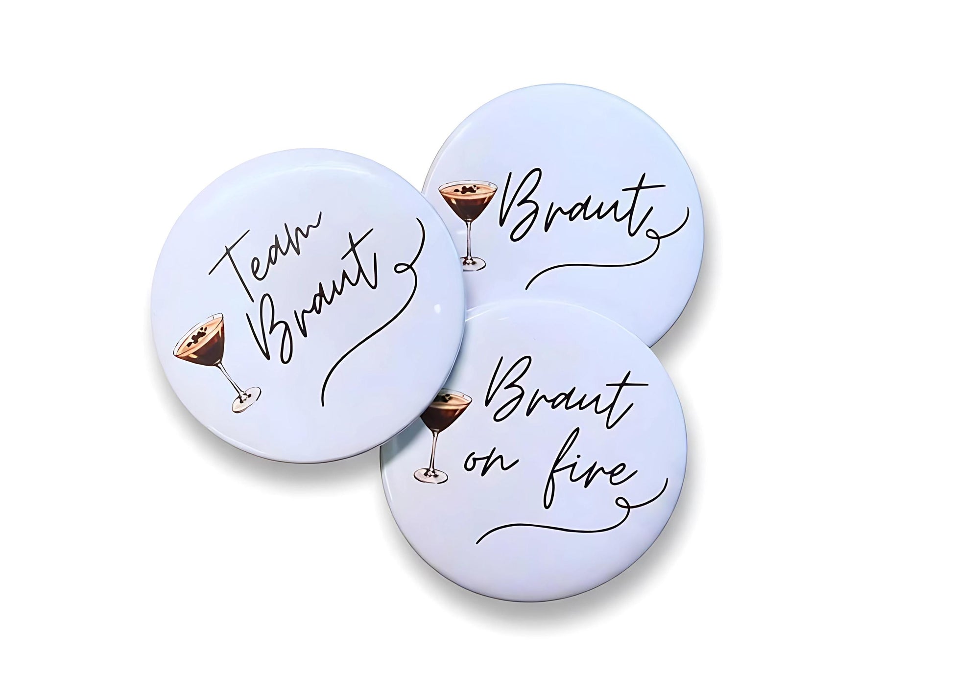 Anstecker JGA für Junggesellinenabschied, Hochzeit, Braut, Team, Espresso Martini / Aperol, 6 cm Durchmesser, Set