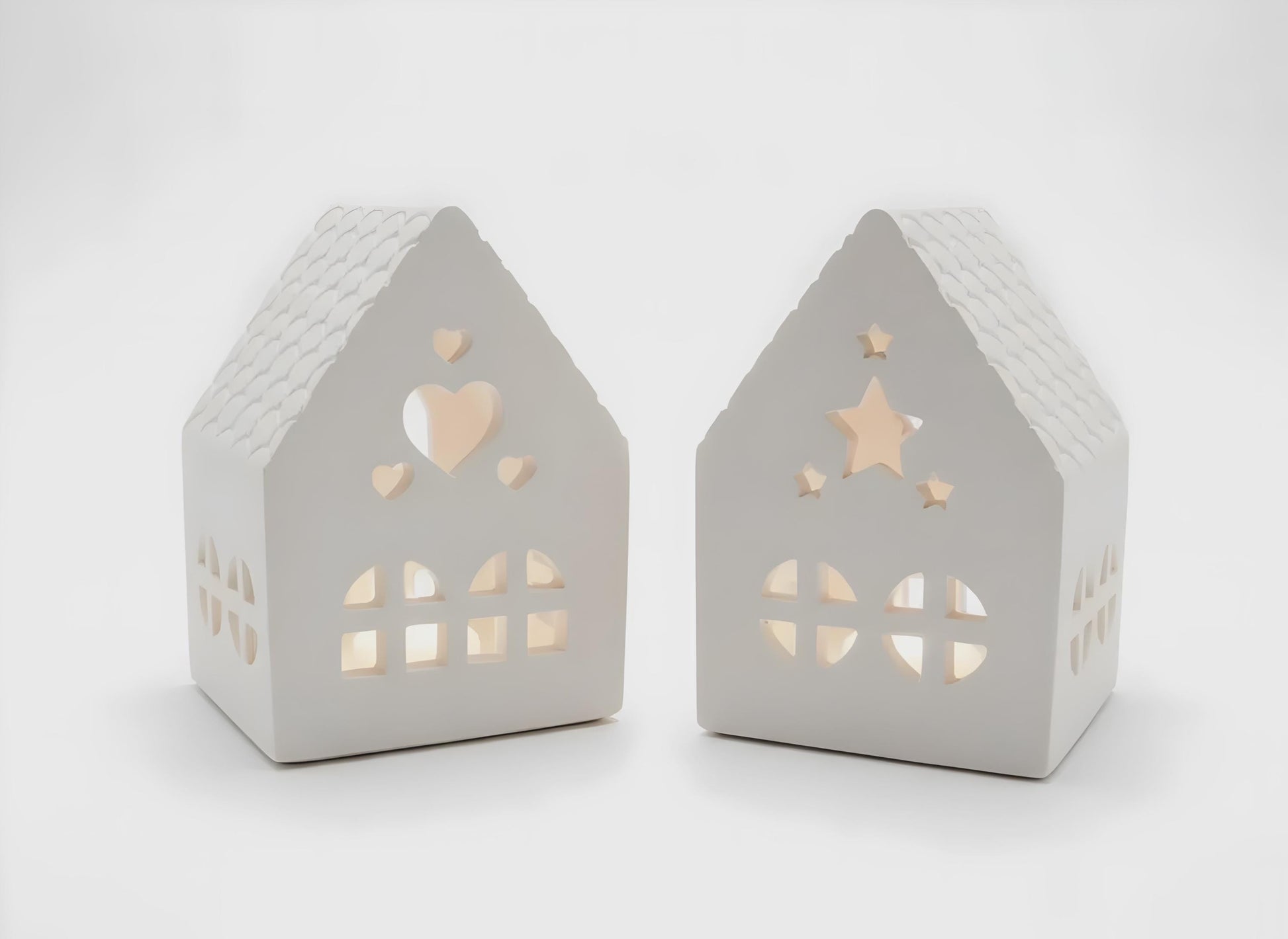 Teelichthäuschen aus Gießkeramik, 2er Set, weiß, schlichtes Design, Lichtstimmung