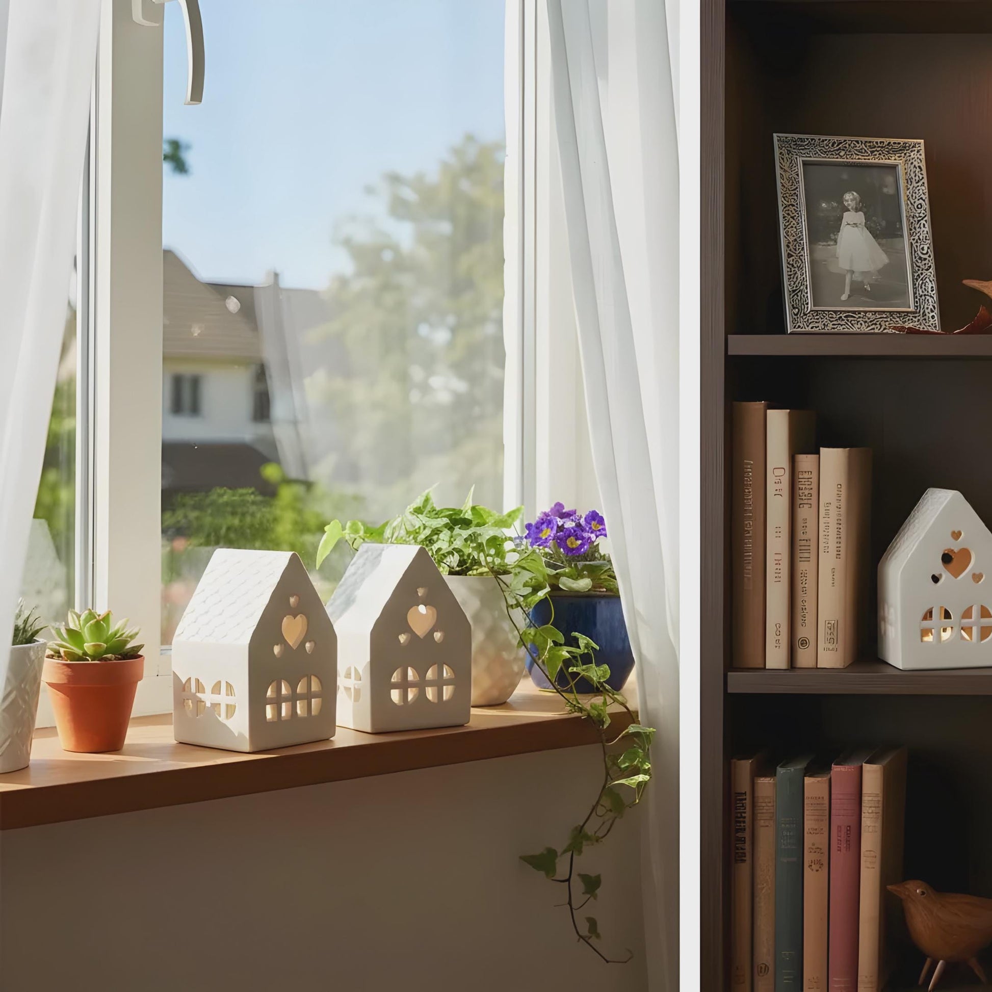 Teelichthäuschen aus Gießkeramik, 2er Set, weiß, schlichtes Design, Lichtstimmung
