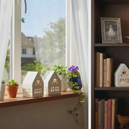 Teelichthäuschen aus Gießkeramik, 2er Set, weiß, schlichtes Design, Lichtstimmung