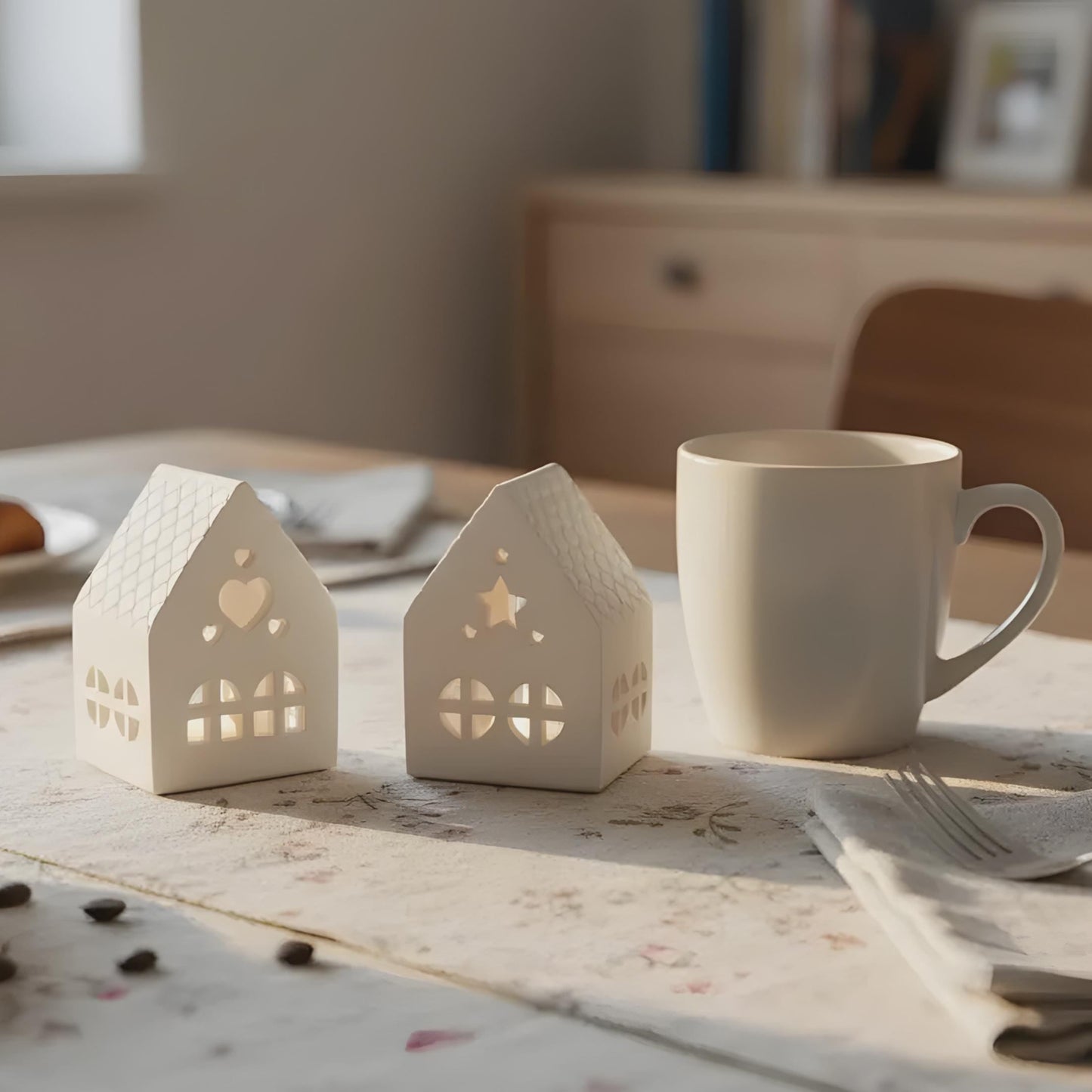 Teelichthäuschen aus Gießkeramik, 2er Set, weiß, schlichtes Design, Lichtstimmung
