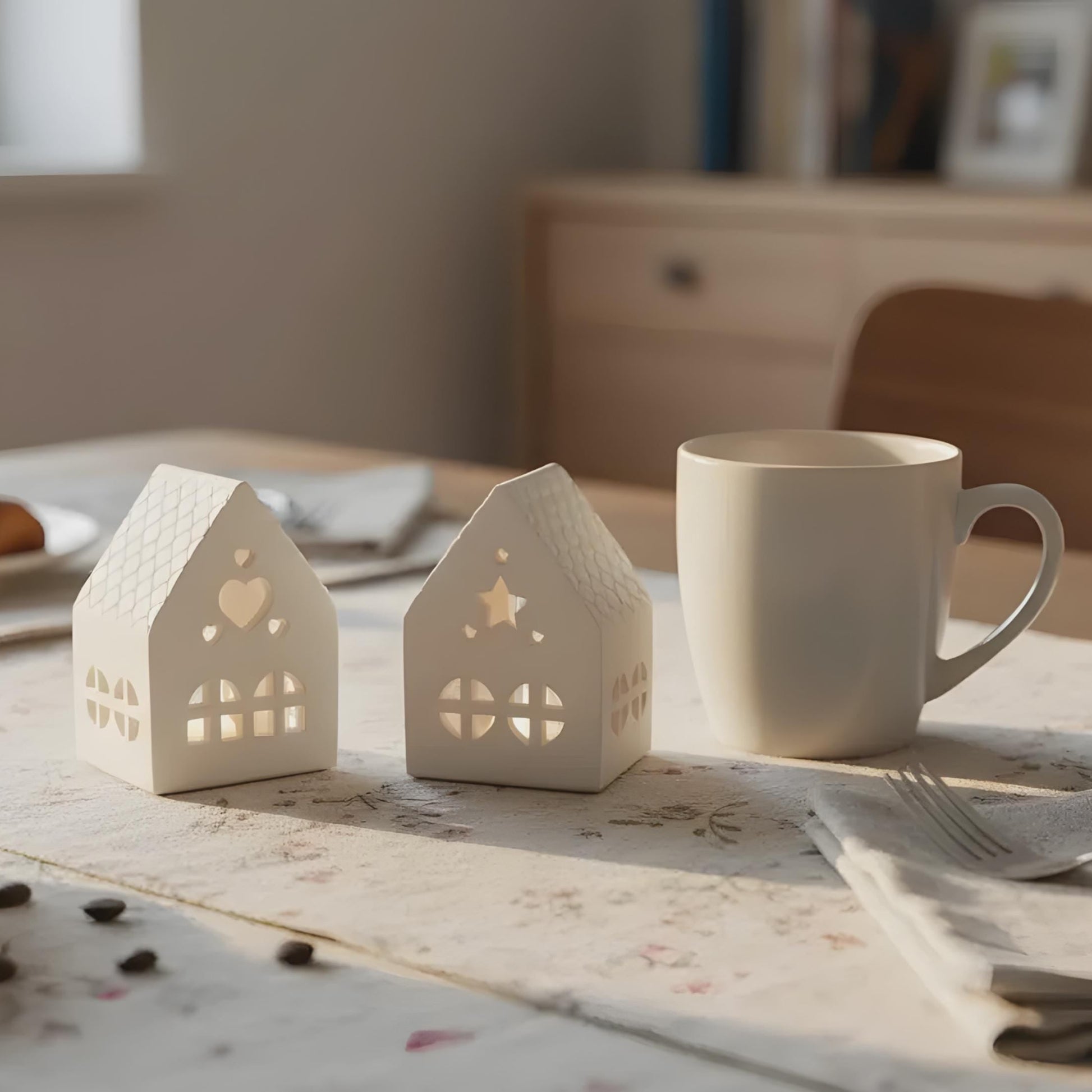 Teelichthäuschen aus Gießkeramik, 2er Set, weiß, schlichtes Design, Lichtstimmung