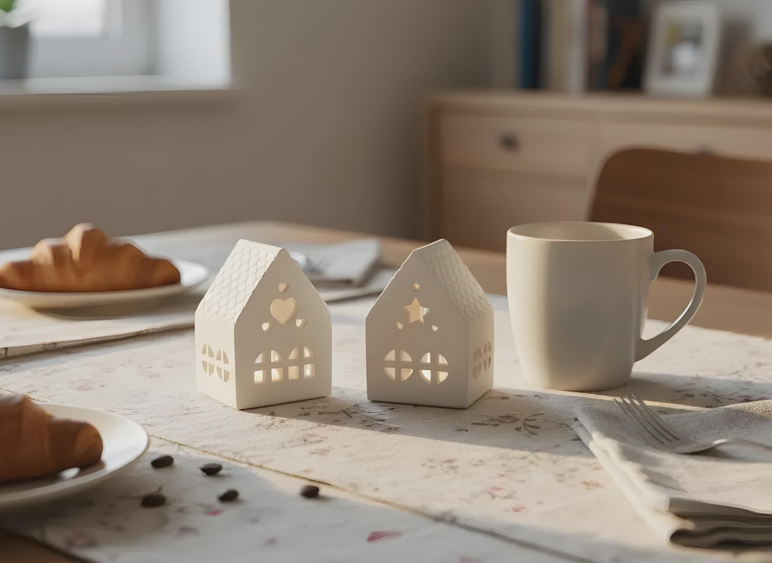 Teelichthäuschen aus Gießkeramik, 2er Set, weiß, schlichtes Design, Lichtstimmung