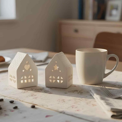 Teelichthäuschen aus Gießkeramik, 2er Set, weiß, schlichtes Design, Lichtstimmung
