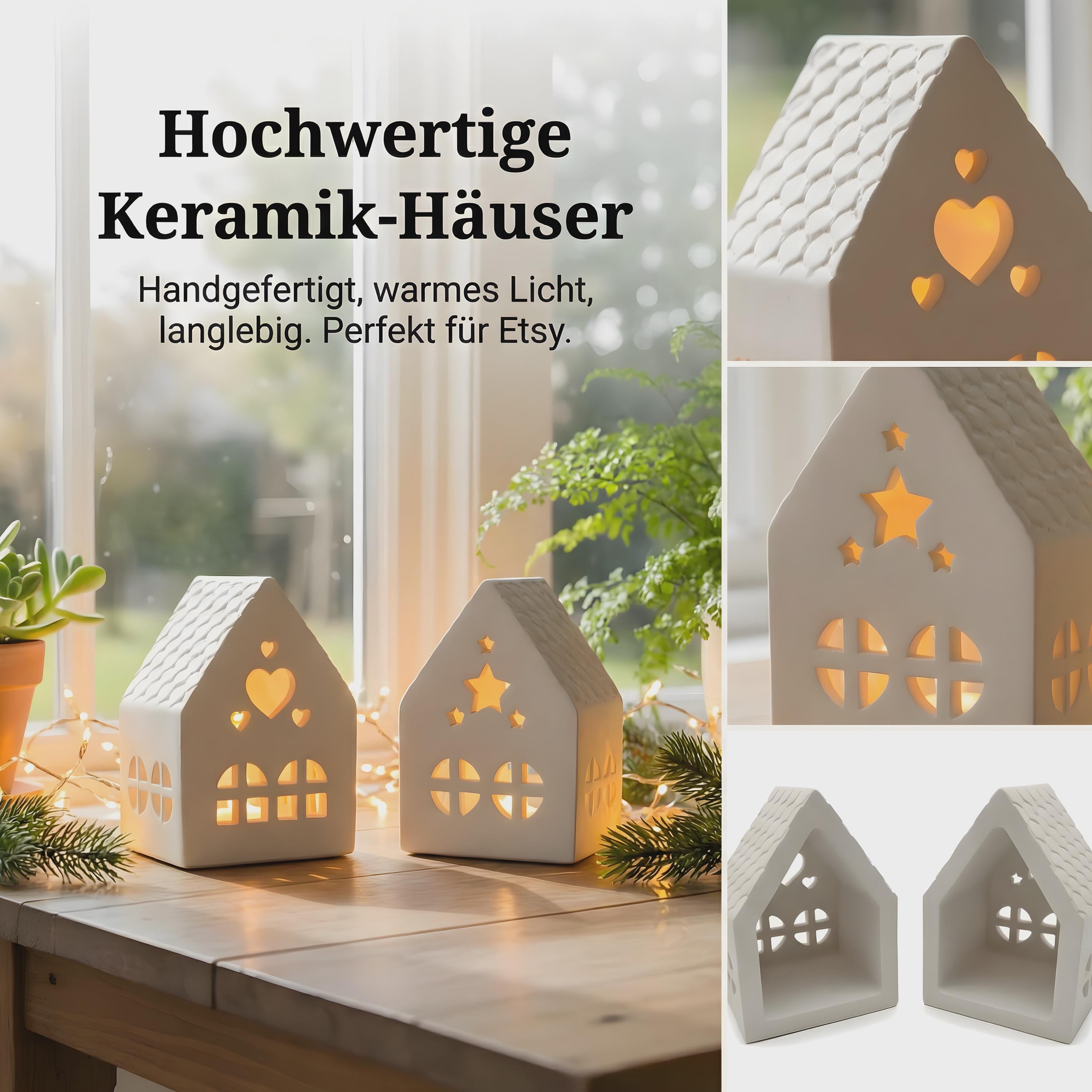 Teelichthäuschen aus Gießkeramik, 2er Set, weiß, schlichtes Design, Lichtstimmung