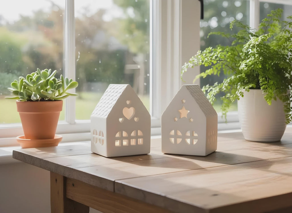 Teelichthäuschen aus Gießkeramik, 2er Set, weiß, schlichtes Design, Lichtstimmung