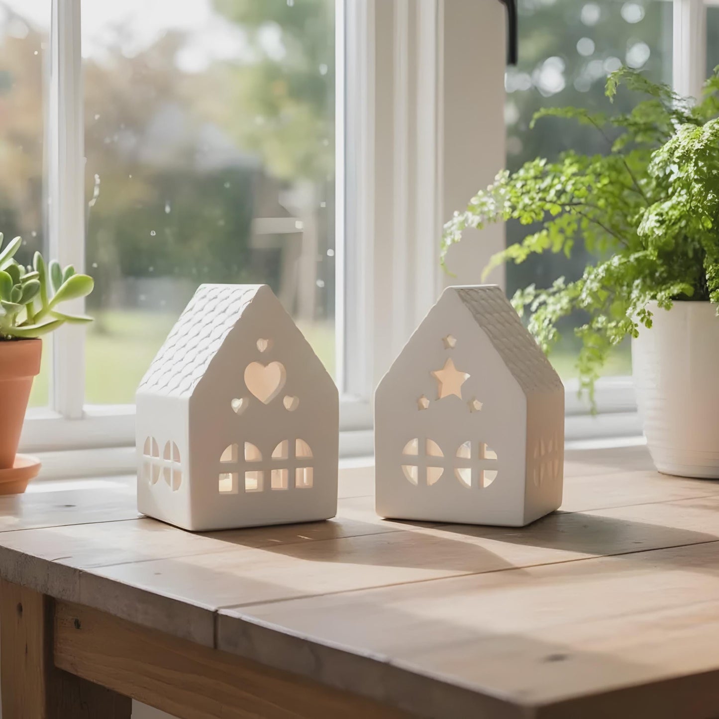 Teelichthäuschen aus Gießkeramik, 2er Set, weiß, schlichtes Design, Lichtstimmung