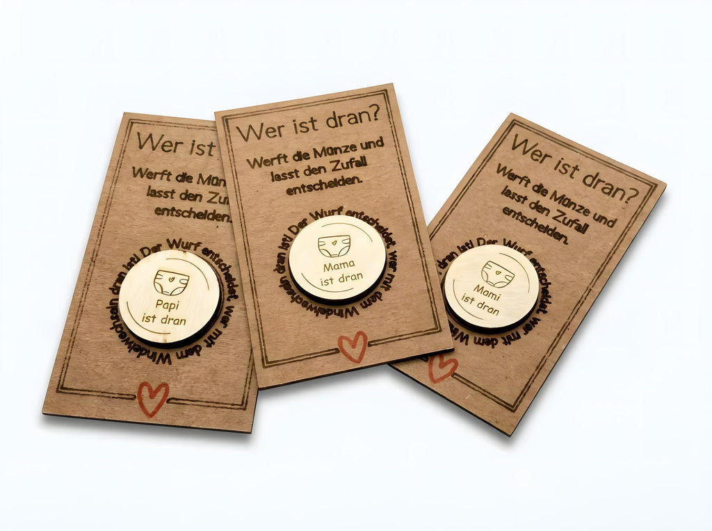 Entscheidungsmünze Eltern – „Mama / Mami / Papa / Papi ist dran“ – witziges Geschenk Geburt & Babyparty, Windelwechseln, Holz