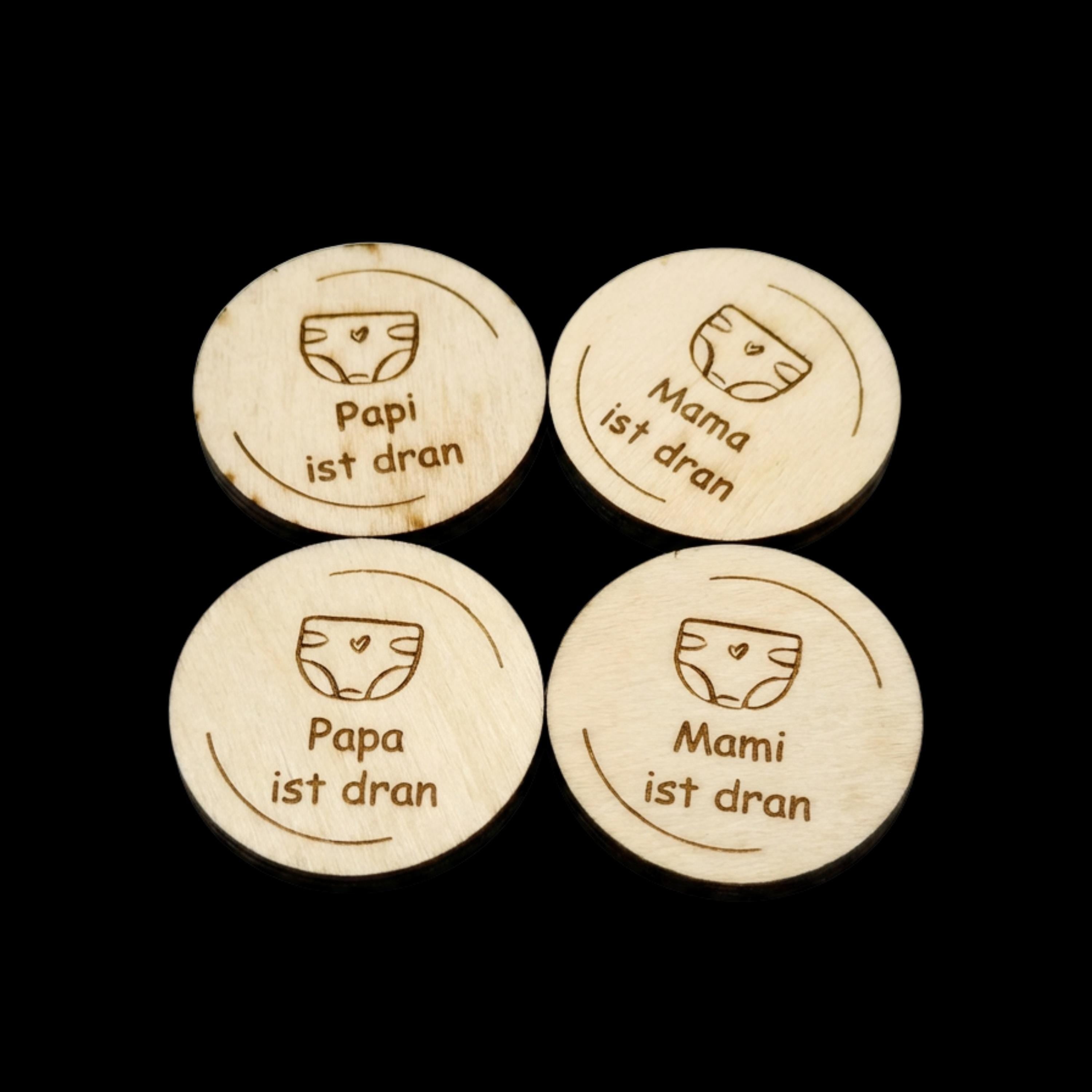 Entscheidungsmünze Eltern – „Mama / Mami / Papa / Papi ist dran“ – witziges Geschenk Geburt & Babyparty, Windelwechseln, Holz