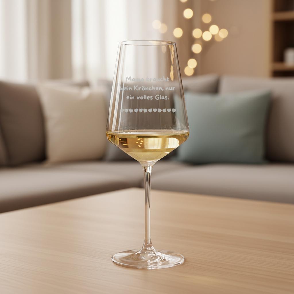 Weinglas mit Gravur "Mama braucht kein Krönchen, nur ein volles Glas" – Weinglas – Geschenk für Mamas - Weinglas Mit Gravur