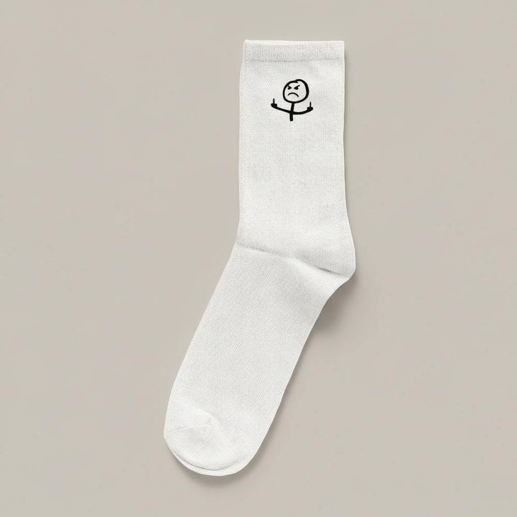 White cotton socks by flyliving, featuring a black stick figure giving two middle fingers, laid flat on a grey background.