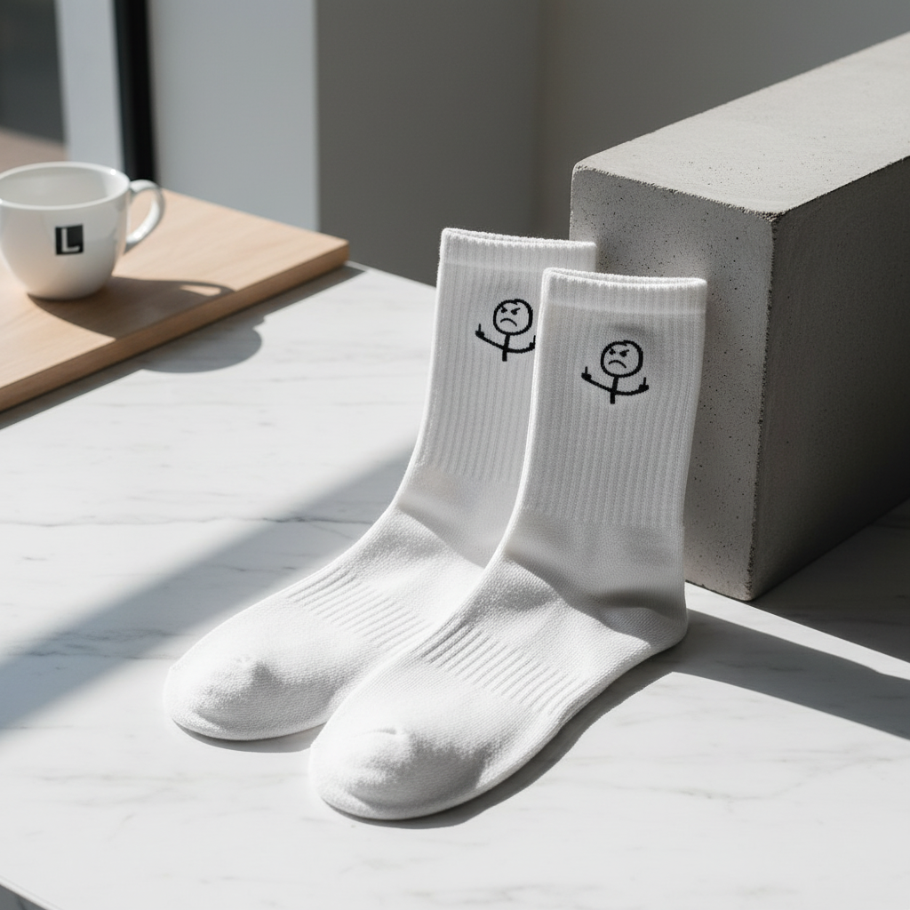 White cotton crew socks with a black stick figure middle finger motif by flyliving, resting on a marble surface.