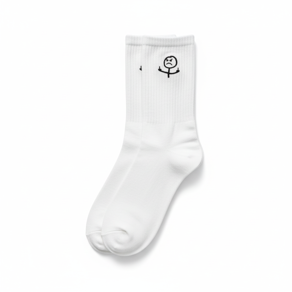 Unisex white cotton socks by flyliving with a black embroidered stick figure showing middle fingers on the ribbed cuff.