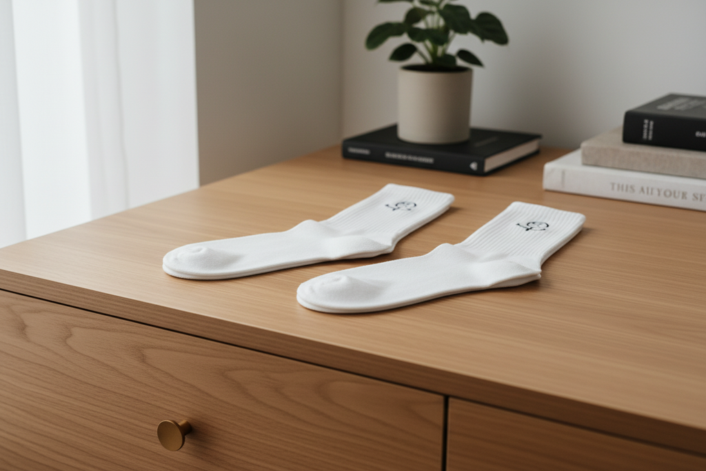 White unisex cotton socks by flyliving with a black stick figure motif.