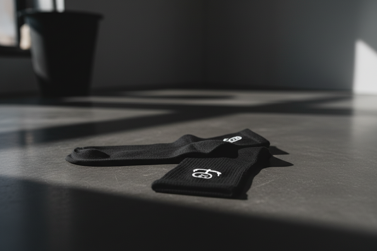 Black socks by flyliving with white stick figure middle finger design, displayed on a dark surface with sunlit shadows.