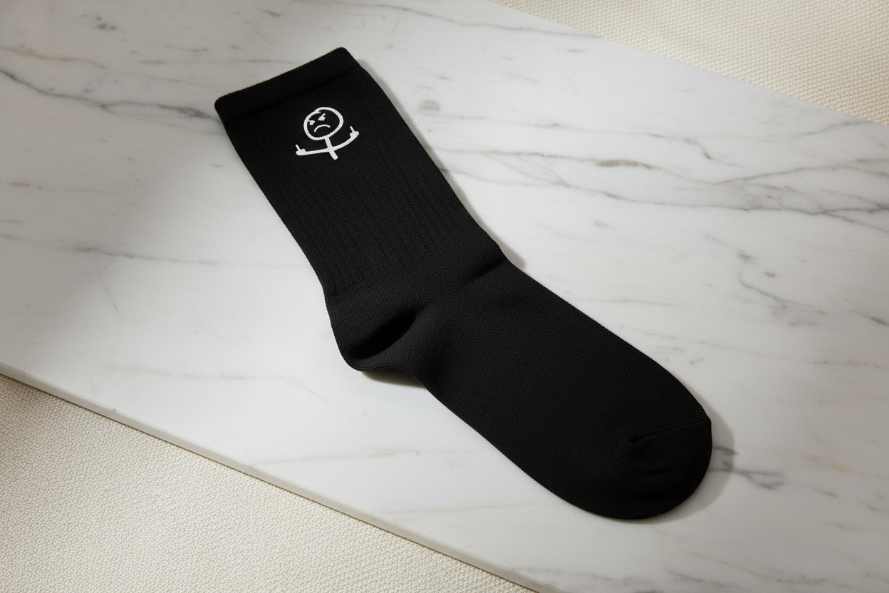 Black cotton sock by flyliving, featuring a white stick figure giving the middle finger, displayed on a marble surface.