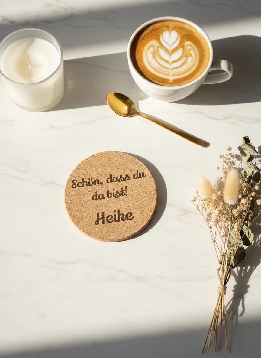 Personalisierter Kork Untersetzer – „Schön, dass du da bist“ mit Wunschname | Gastgeschenk, Tischdeko & Geschenkidee, Mitbringsel, Hochzeit