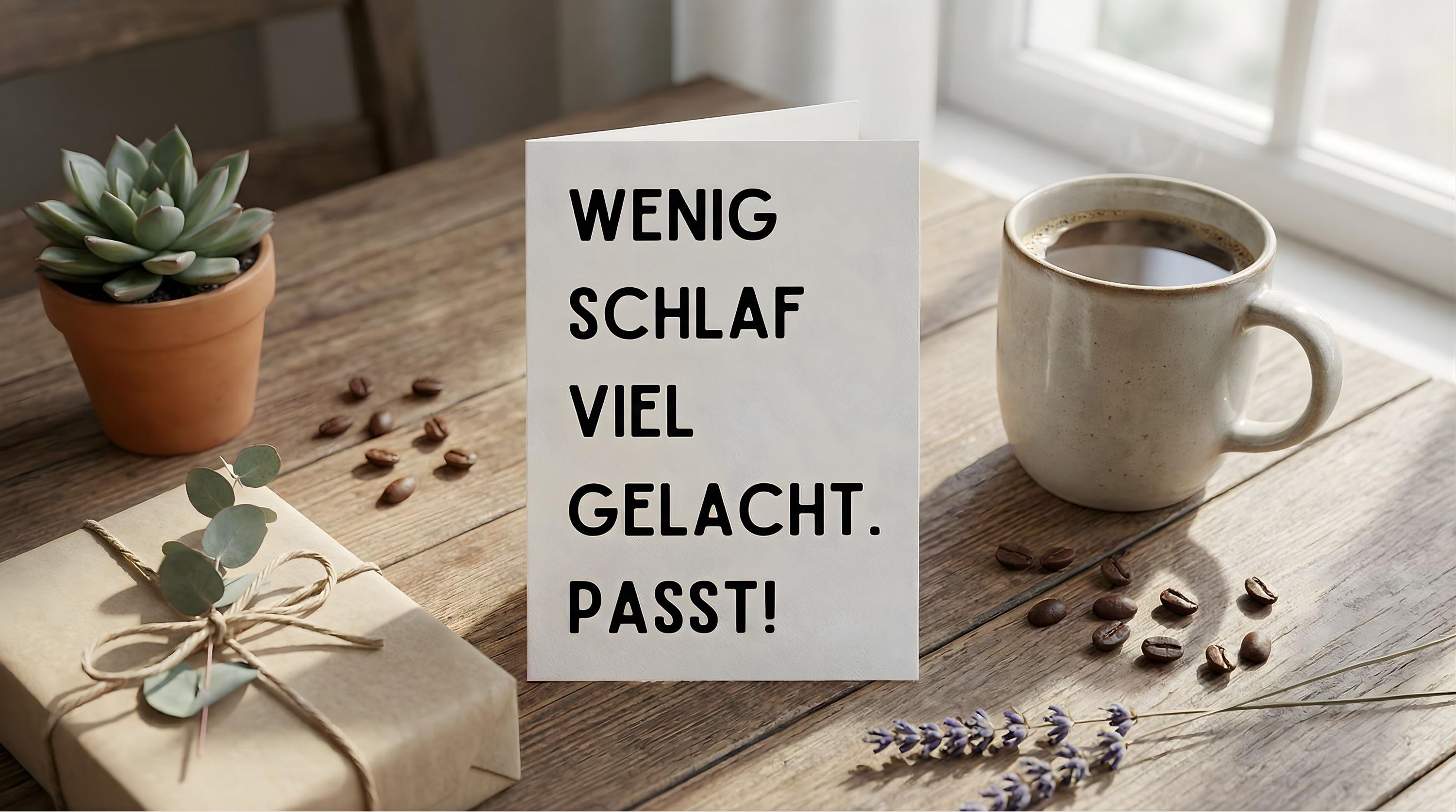 Karte Wenig Schlaf viel gelacht passt – minimalistisch – witzige Spruchkarte für Freunde, Party, Geburtstag, Feier – moderne Typo Grußkarte