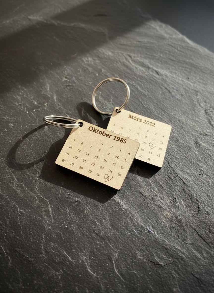 Personalisierter Kalender Schlüsselanhänger Holz | Gravur Wunschdatum & Name | Geschenk zur Hochzeit, Geburt, Jahrestag, Valentinstag