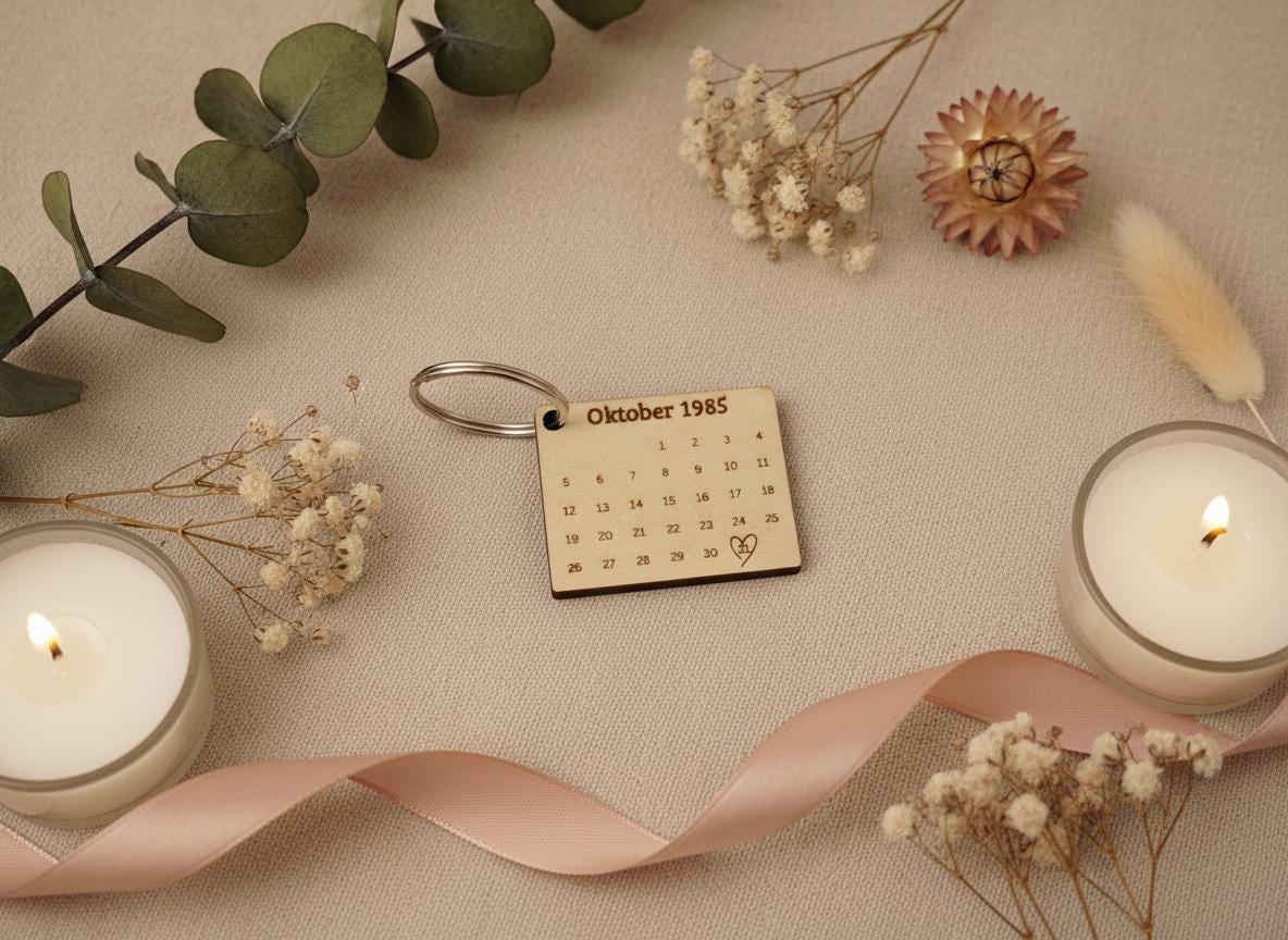 Personalisierter Kalender Schlüsselanhänger Holz | Gravur Wunschdatum & Name | Geschenk zur Hochzeit, Geburt, Jahrestag, Valentinstag