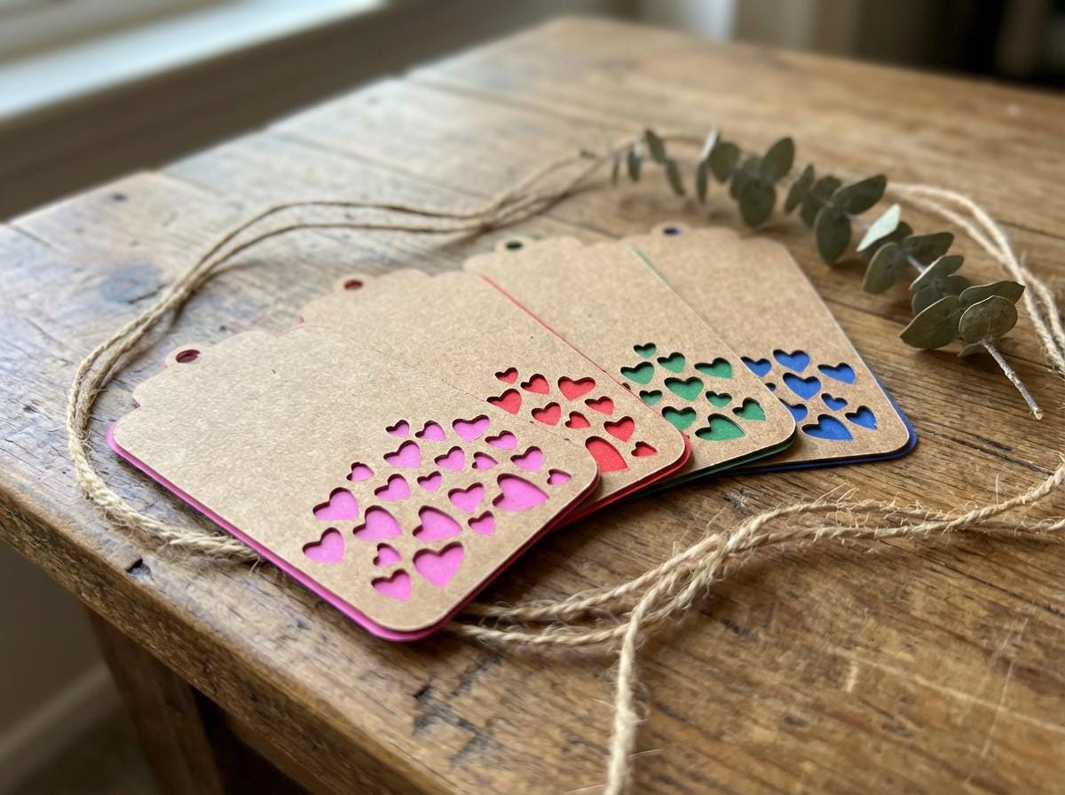 Geschenketiketten, Herzen, aus Kraftpapier, für Geburtstage, Valentinstag, Hochzeitstag oder Hochzeiten. Set aus 4 Farben, 4 oder 8 Stück