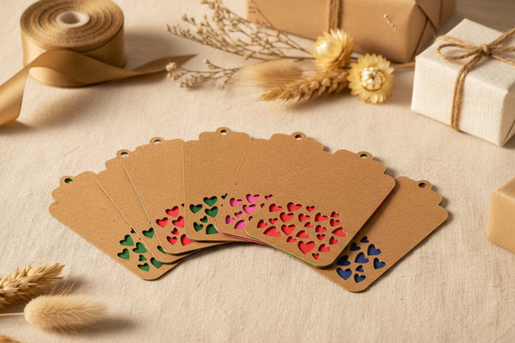 Geschenketiketten Herz aus Kraftpapier | Set mit 4 oder 8 Stück | Vier Farben für Geschenkverpackungen