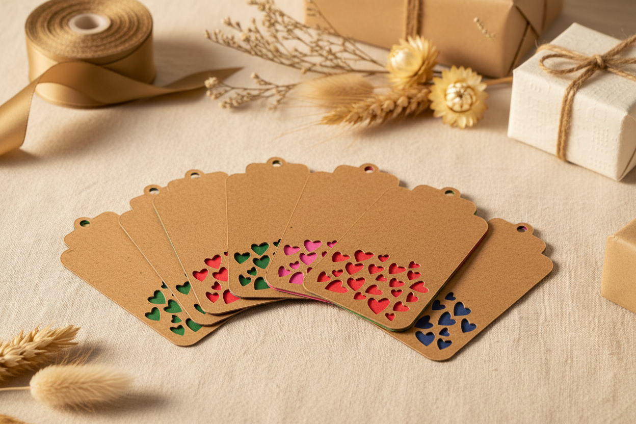 Geschenketiketten Herz aus Kraftpapier | Set mit 4 oder 8 Stück | Vier Farben für Geschenkverpackungen