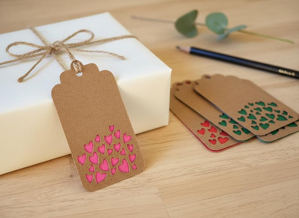 Geschenketiketten, Herzen, aus Kraftpapier, für Geburtstage, Valentinstag, Hochzeitstag oder Hochzeiten. Set aus 4 Farben, 4 oder 8 Stück