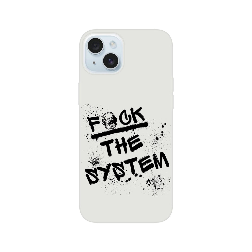 iPhone Handyhülle „Fuck the system“, Karl Marx, Flexi Case matt transparent, stoßfest für iPhone 13–15 Pro Max, kabelloses Laden, Geschenk