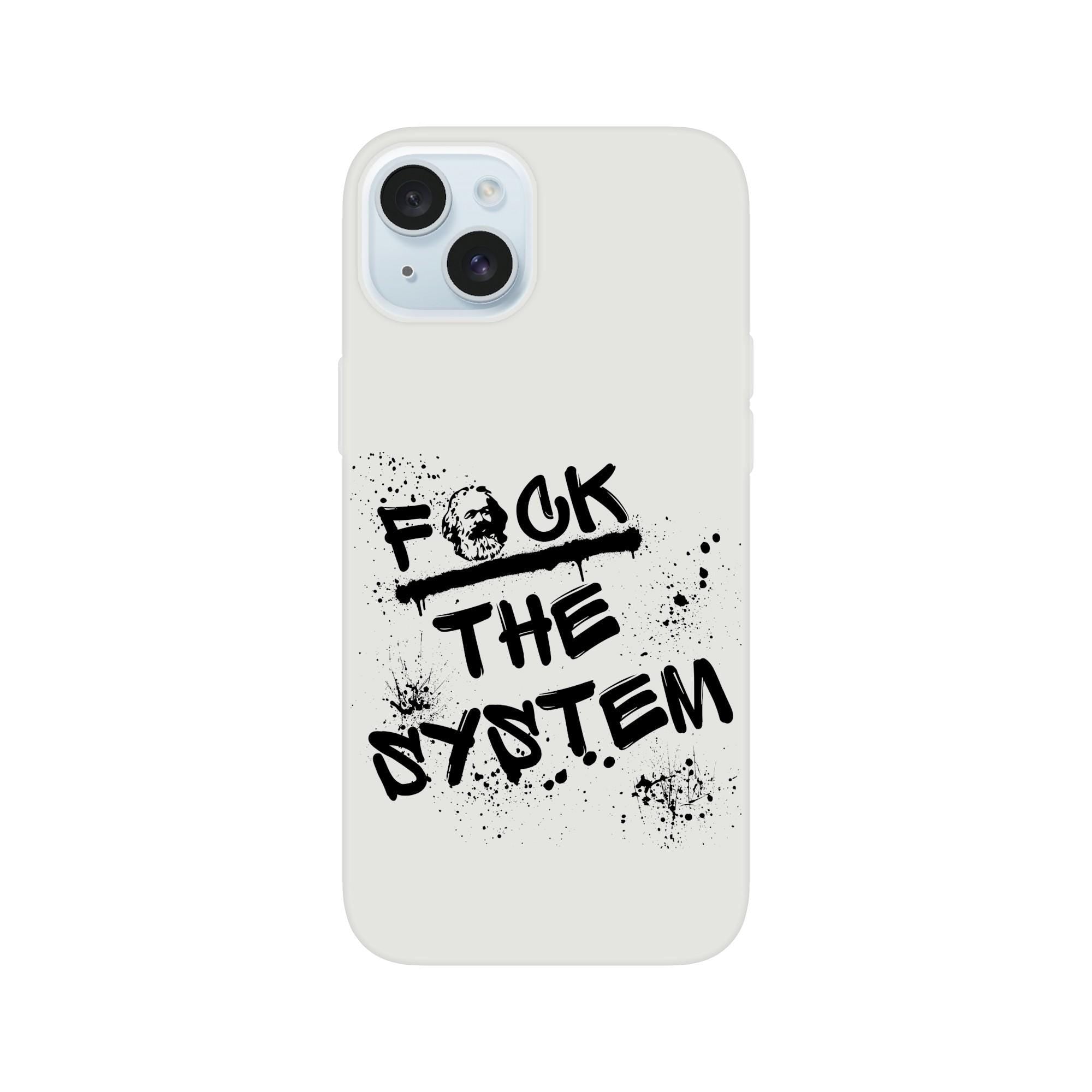 iPhone Handyhülle „Fuck the system“, Karl Marx, Flexi Case matt transparent, stoßfest für iPhone 13–15 Pro Max, kabelloses Laden, Geschenk