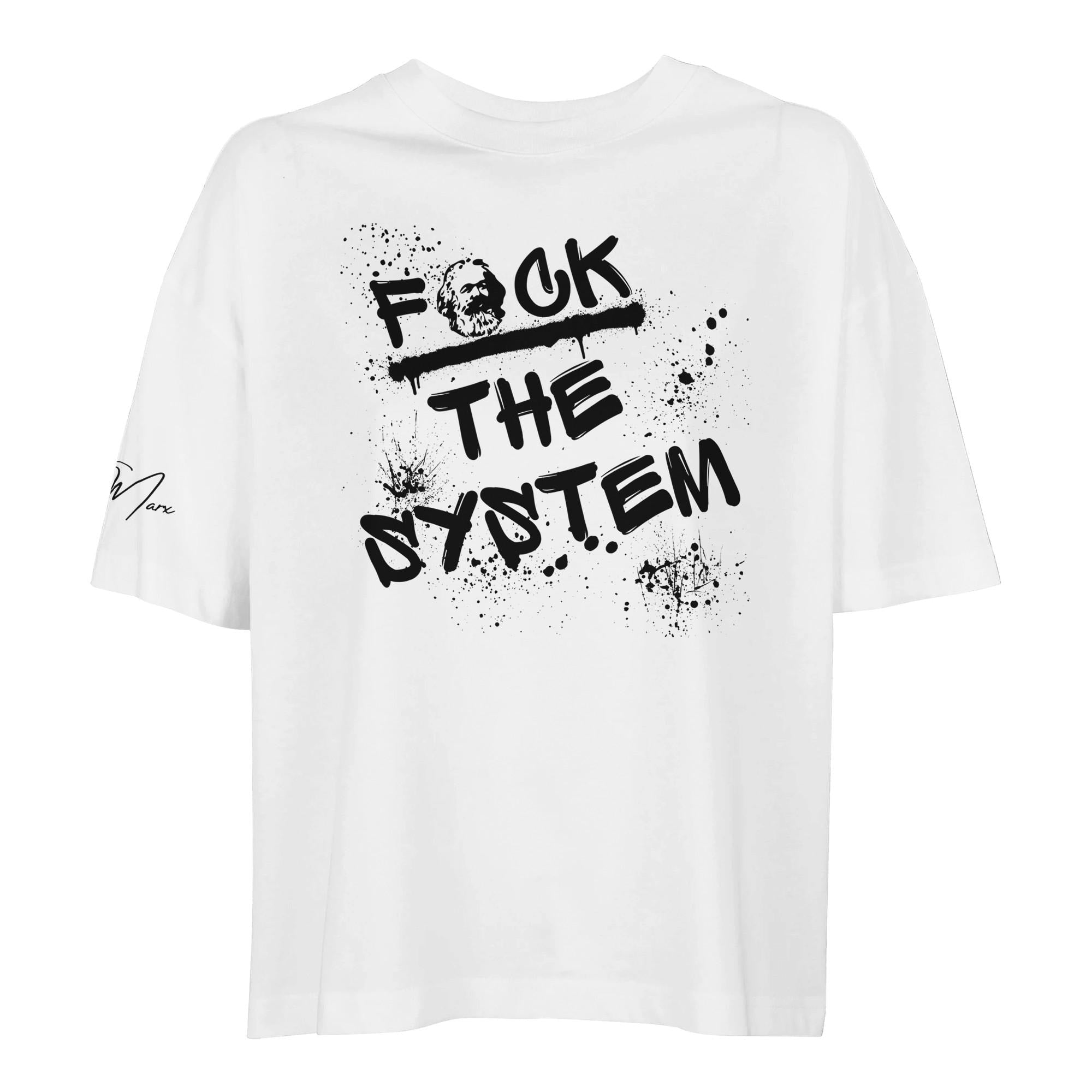 Oversized T‑Shirt Damen Bio-Baumwolle, Statement Shirt „F*ck the system“ mit Karl Marx Print, lockerer Sitz, für Frauen, moderner Schnitt