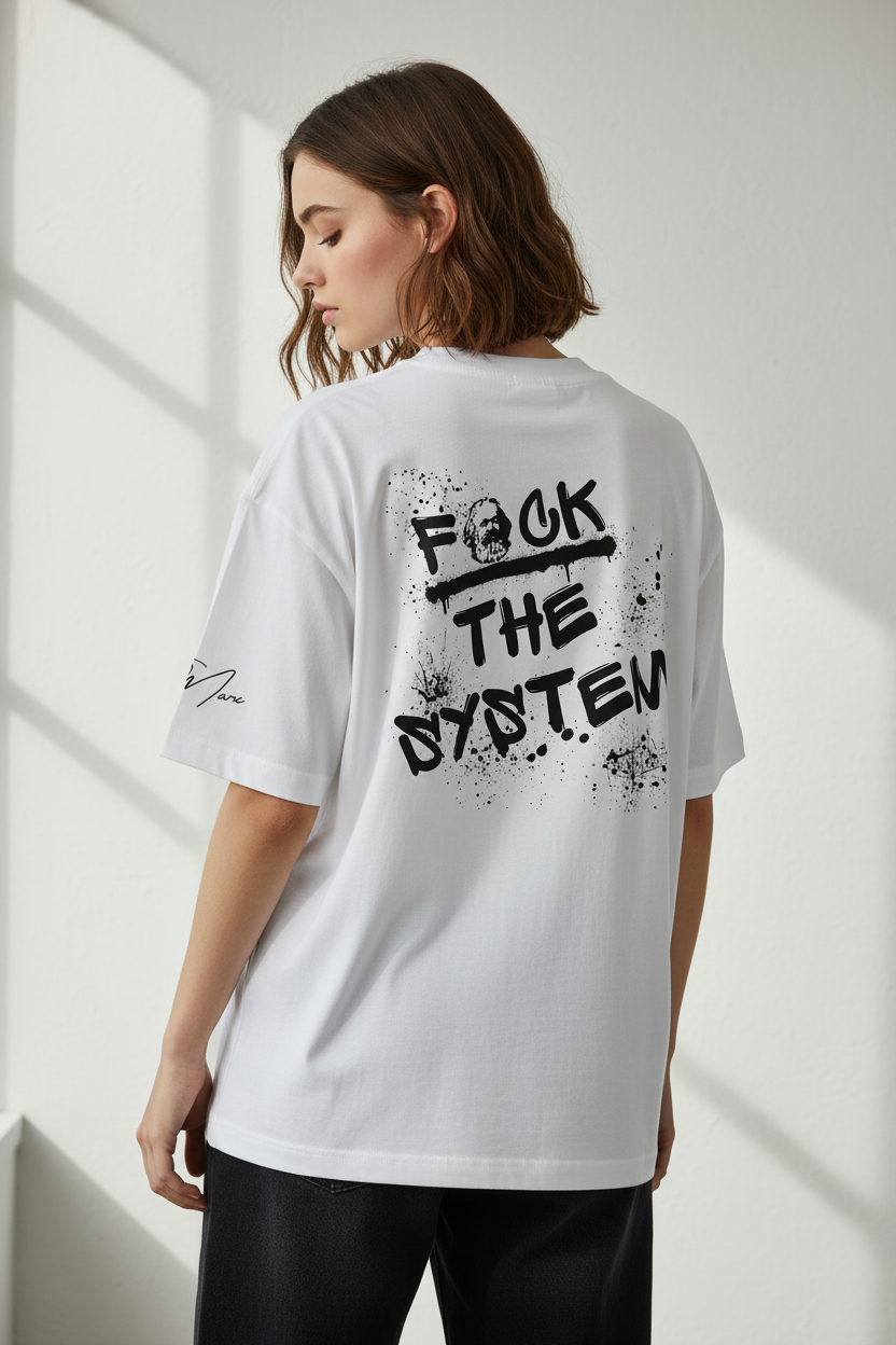 White oversized T-shirt by flyliving with a graffiti-style 'f*ck the system' backprint featuring a Karl Marx graphic, worn from behind.