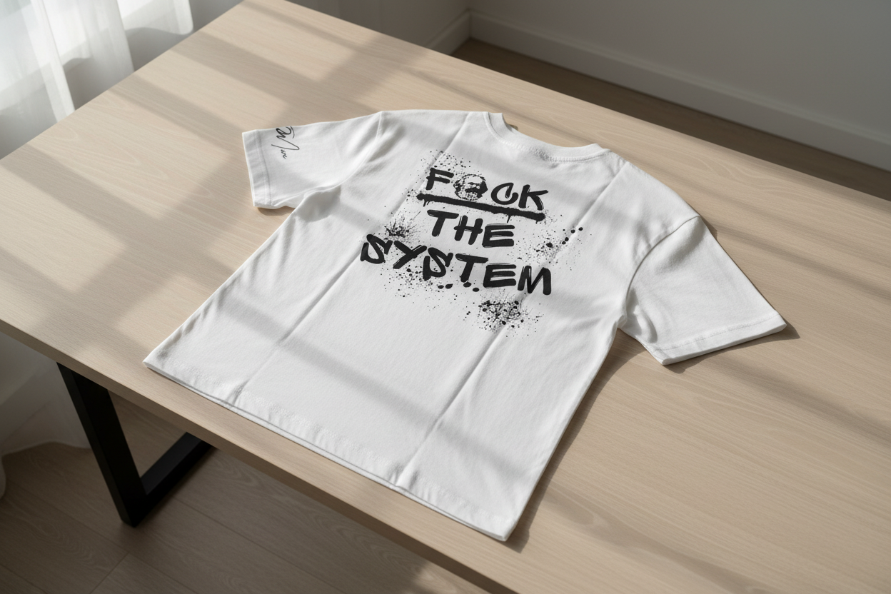 White oversized T-shirt by flyliving featuring a black graffiti-style "F*CK THE SYSTEM" backprint with a skull and splatters, on a wooden table.