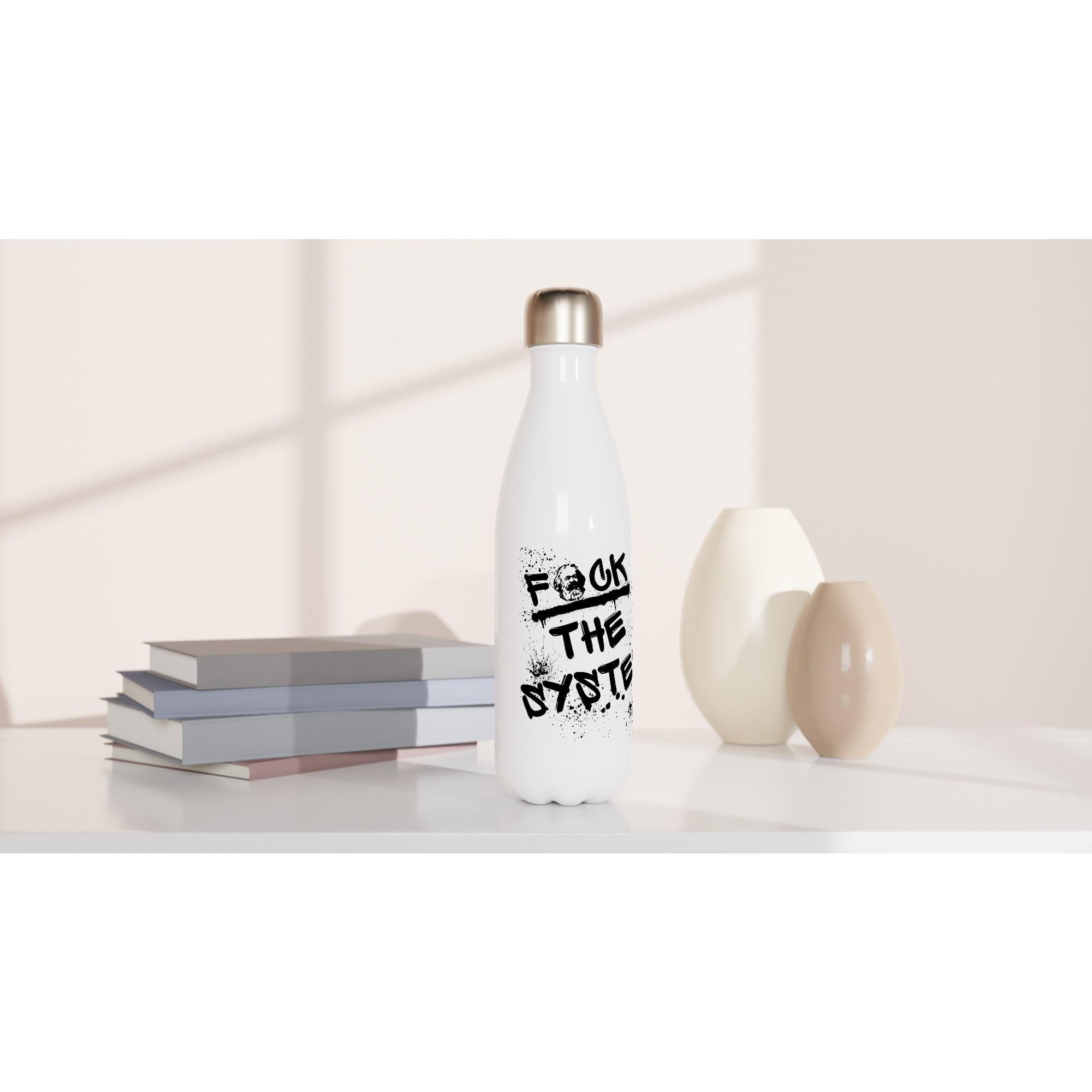 Edelstahl Trinkflasche 500 ml „Fuck the system“, doppelwandig isolierte Wasserflasche, auslaufsicher, weiß, Spruch, Kommunismus, Karl Marx