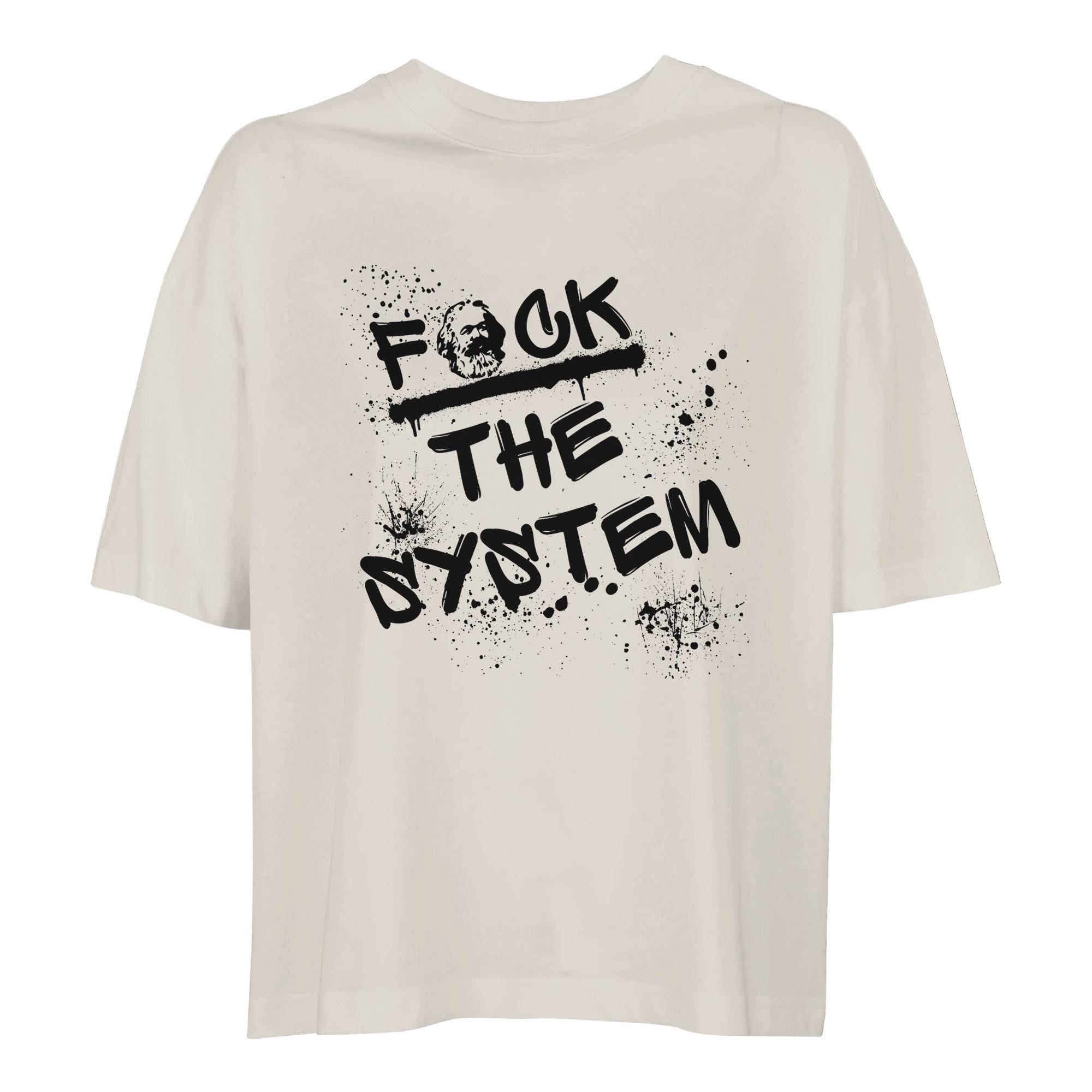 Oversized T‑Shirt Damen Bio-Baumwolle, Statement Shirt „F*ck the system“ mit Karl Marx Print, lockerer Sitz, für Frauen, moderner Schnitt