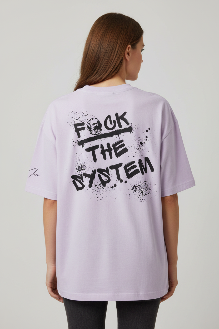 Lavender oversized T-shirt by flyliving with a graffiti-style 'F*CK THE SYSTEM' backprint featuring a Karl Marx head and paint splatters.