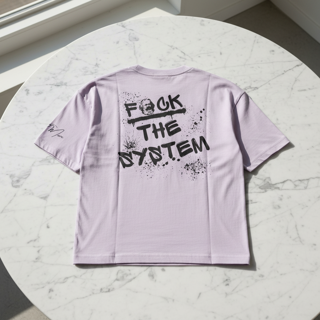 Light purple oversized T-shirt by flyliving featuring a distressed 'F*CK THE SYSTEM' black graffiti backprint with Karl Marx's head and paint splatters.
