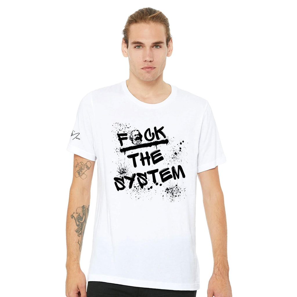 T‑Shirt mit Spruch „f*ck the system“ – Streetwear, Baumwolle, weiß, orange, grün, unisex