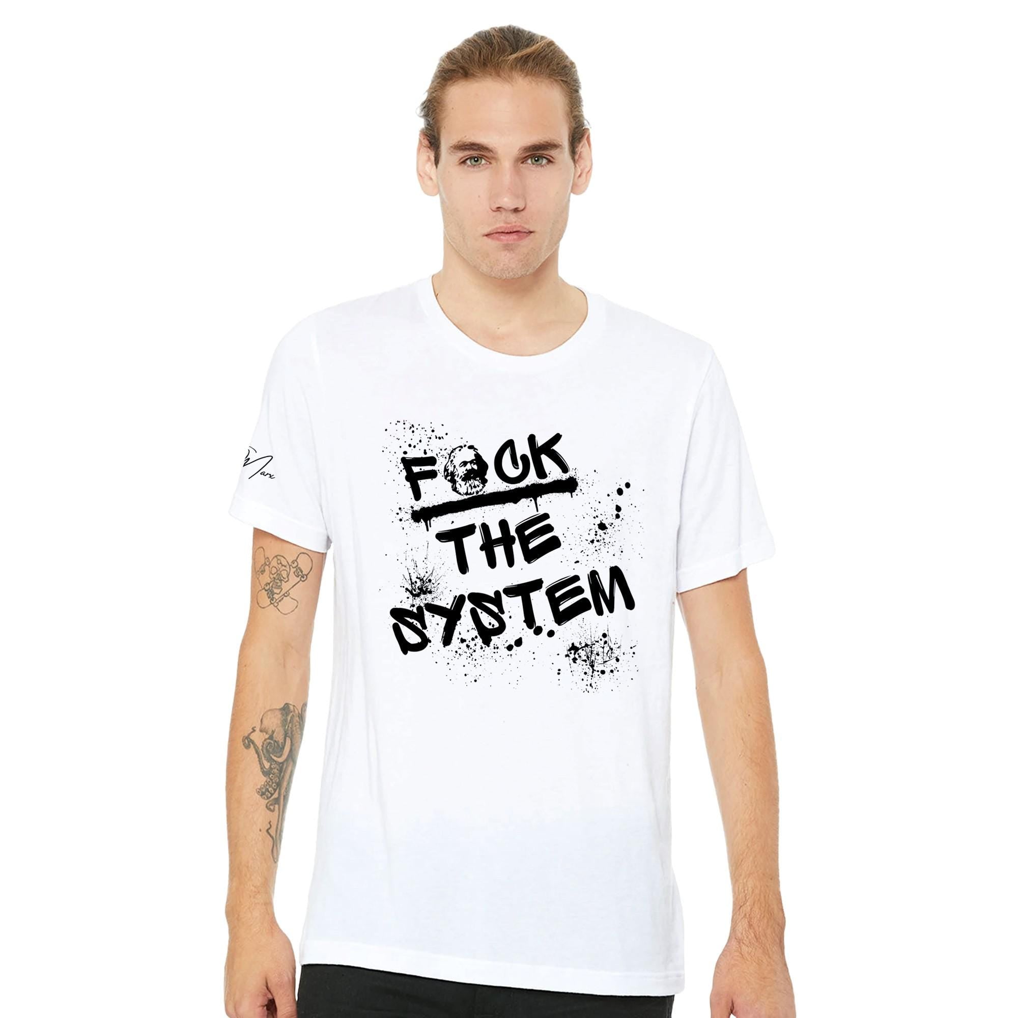 T‑Shirt mit Spruch „f*ck the system“ – Streetwear, Baumwolle, weiß, orange, grün, unisex