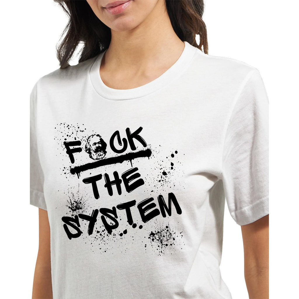 T‑Shirt mit Spruch „f*ck the system“ – Streetwear, Baumwolle, weiß, orange, grün, unisex