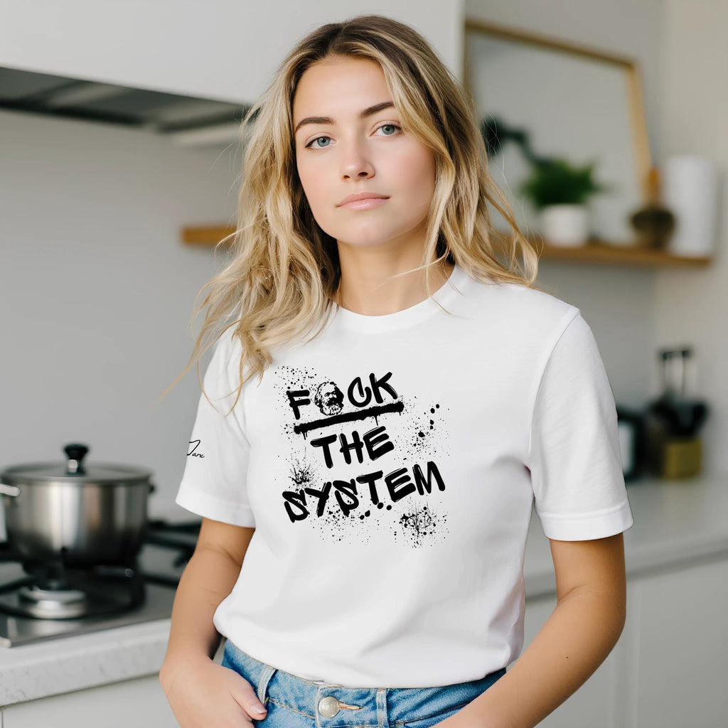 T‑Shirt mit Spruch „f*ck the system“ – Streetwear, Baumwolle, weiß, orange, grün, unisex
