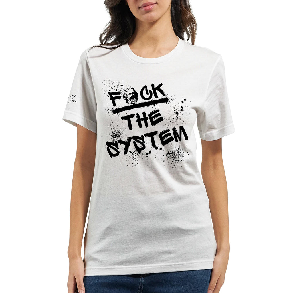 T‑Shirt mit Spruch „f*ck the system“ – Streetwear, Baumwolle, weiß, orange, grün, unisex