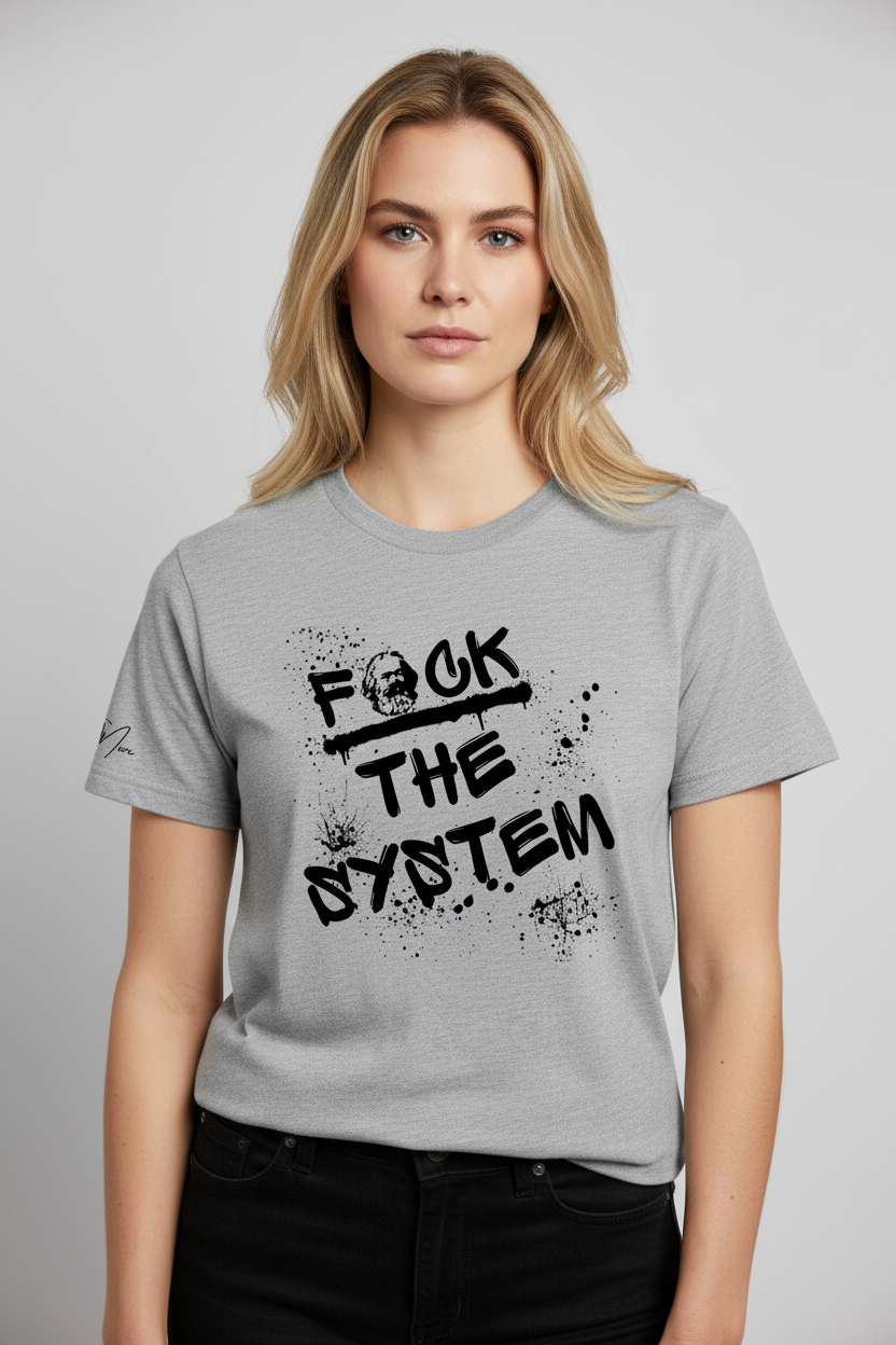 Grey t-shirt with a black graffiti print by flyliving, featuring 'F*CK THE SYSTEM' and a skull, worn by a woman.