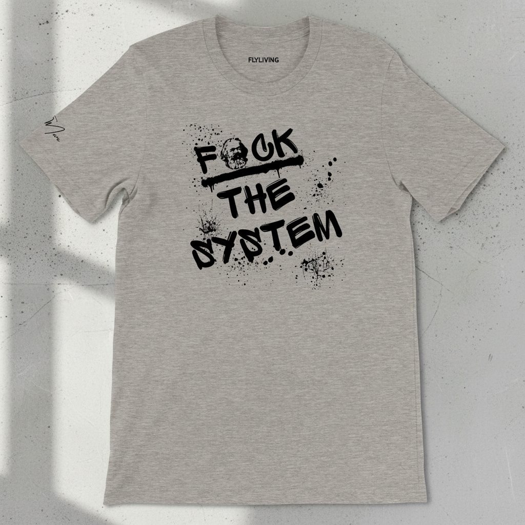 Heather grey unisex T-shirt by flyliving featuring "F*CK THE SYSTEM" graffiti text with Marx's face, black splatters, and small sleeve text, flat lay.