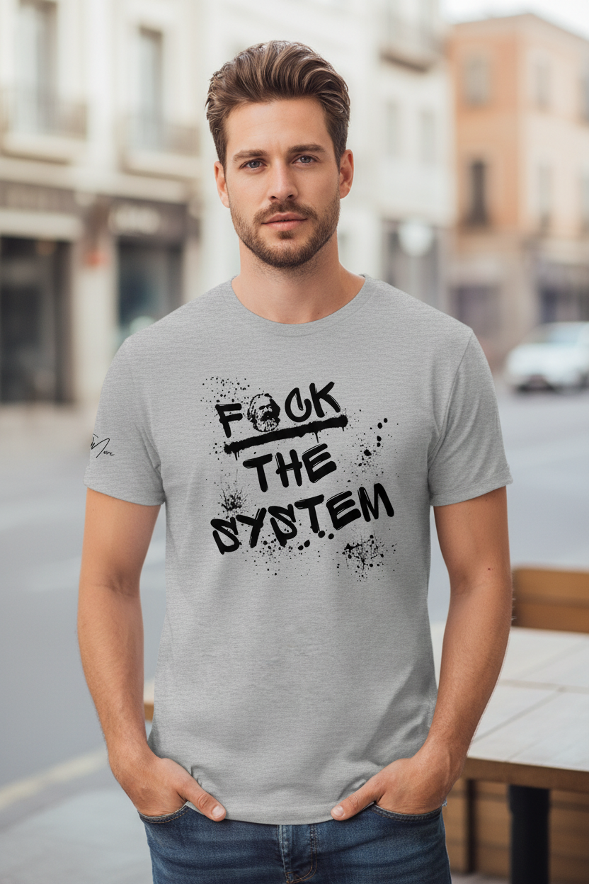 Grey unisex T-shirt by flyliving, featuring a bold 'F*CK THE SYSTEM' graffiti design with Karl Marx's head and black paint splatters.
